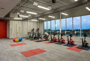 Fluourescents combine with daylight in the gym.