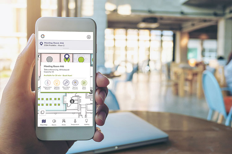 Sensor-equipped fixtures are integrated with the client’s own workplace app to provide occupancy and energy-use data.