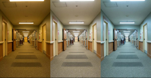 A corridor at the ACC Care Center displays three of the programmed settings for the tunable LED lighting.